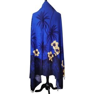 Blue Tropical Floral Scarf Shawl – Lightweight Summer Cover-Up – 70” x 36”